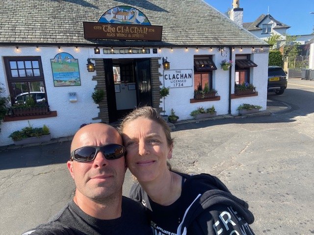 Scott and Erin outside the Clachan Inn in Drymen